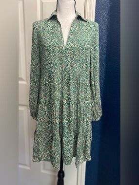 Zara Green Floral Tiered Long Sleeve Shirt Dress